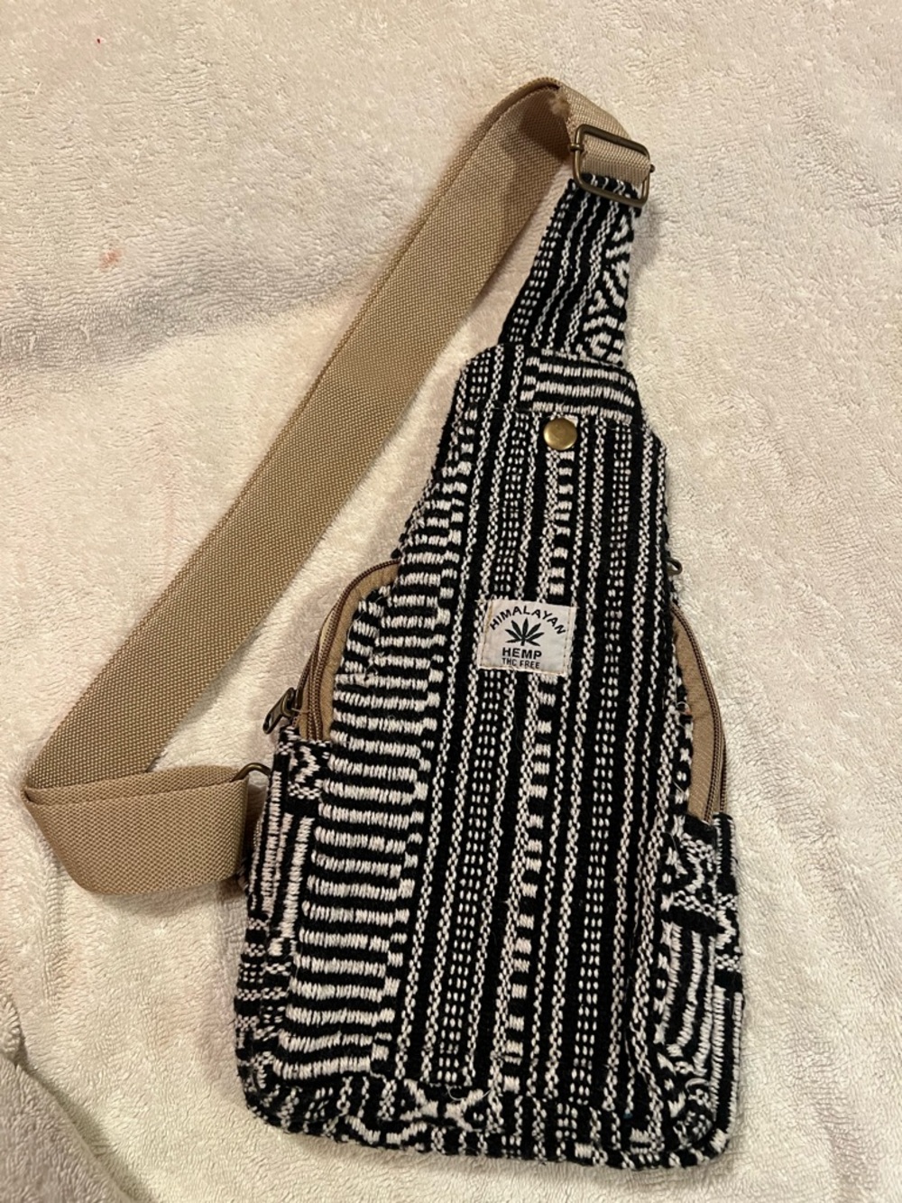 Himalaya Hemp Black & White Patterned Crossbody Sling Bag with Tan Strap